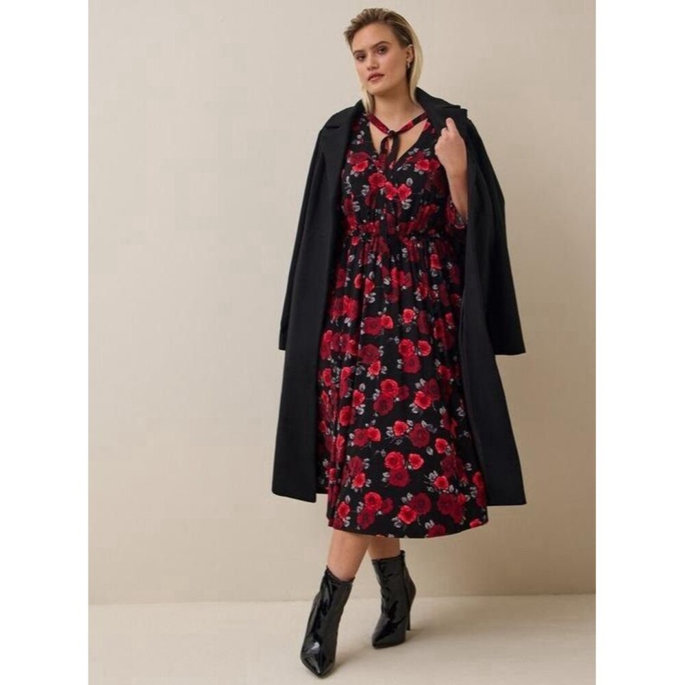 Womens Size 2 2X Torrid Midi Neck Tie Floral Dress NWT